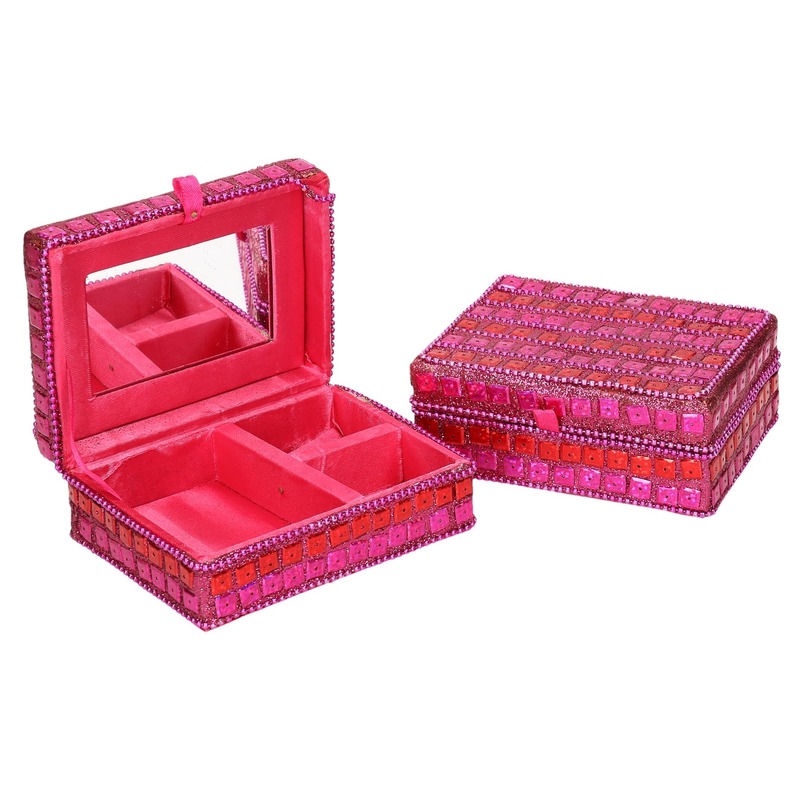 Sieradenkistje juwelendoosje roze met glitters 8 x 10 cm